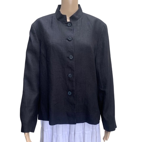 Talbots Sz 10 Irish Linen Black Mock Neck Button Down Blazer Shoulder Pads - Picture 1 of 9